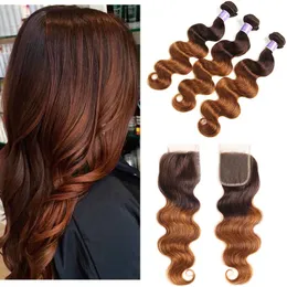 Colored Brazilian Ombre Dark Brown Human Hair 3 Bundles With Closure Two Tone Brazilian 4/30# Body Wave Blonde Hair Weave With Closure