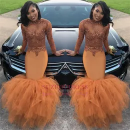 Dust Orange Long Sleeves Mermaid Prom Dresses 2018 Beads Appliques Sequins Long Ruched Ruffle Evening Gown African Arabic Dresses