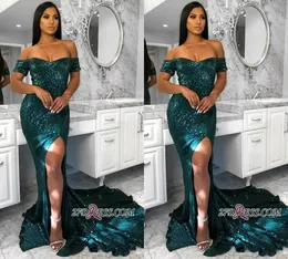 Seksowna Syrenka Prom Dresses Off The Shoulder Side Split Cekinowy Sweep Pociąg Krótki Rękaw Suknie Wieczorowe Kobiety ABITI Formalna sukienka