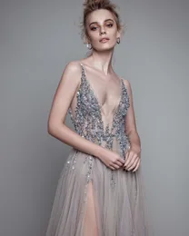 2018 Sexig Grogeous Sheer pärlor topp V-ringning för kväll klänning långa sliver paljettpärlor mix tulle party klänning backless spl290y