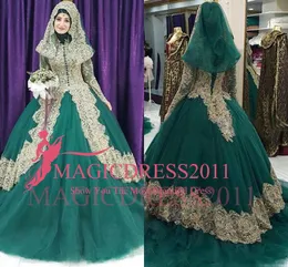 2019 Muslim Hunter Ball Gown Bröllopsklänningar med Golden Lace Appliques Lång ärmar med Hijab Plus Storlek Bröllop Bröllopsklänningar Skräddarsy