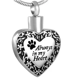 Alltid i mitt hjärta Silver Heart Pet Paw Cremation Urn Halsband Hund Ash Smycken Minnesmärke Keepsake Pendant Gratis Graverad