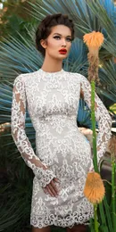 Sexy Long Sleeves High Neck Wedding Dresses Short Sheath Lace Appliue Illusion Back Bridal Gown Dress Custom Made New Above Knee Length