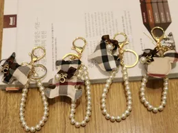 New handmade plaid bear keychain pendant fabric love pearl bag hanging jewelry wrist rope