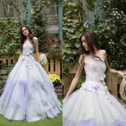 Sexy Illusion Strapless Prom Vestido de Cor Gradiente 3D Floral Applique Em Camadas Saias Vestidos de Festa de Tule À Noite