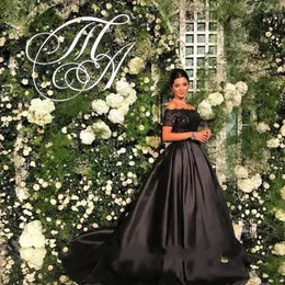 Elegant Black A-Line Prom Dress Lace Short Sleeve Off Shoulder Satin Sweep Train Evening Dresses Sexy Celebrity Party Gowns Cheap Prom Dress