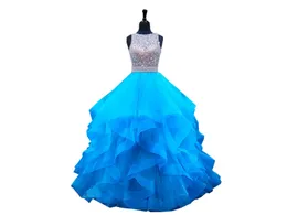 Ruffles blå kväll formella klänningar boll klänning stilig juvel nacke nyckelhål tillbaka ruched tulle kristall beading sequined billig prom klänning