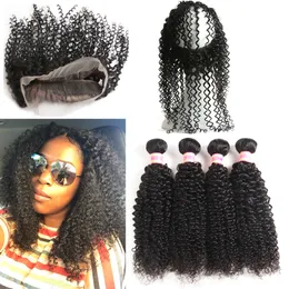 Mongolian Kinky Curly Virgin Hair 2/3 Bundlar med 360 Lace Frontal Stängning 100% Brasilianska Peruanska Malaysiska Indiska Mongoliska Kinky Curly