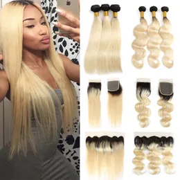 Ombre 1B 613 Dark Roots Blonde Straight Hair Bundles With Frontal Brazilian Virgin Human Hair Weave Body Wave Bundles With Lace Closures