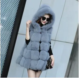 2018 Höst Vinter Ny Design Kvinnors Ärmlös Lyxig Real Natural Fox Fur Hooded Medium Lång Loose Palazzo Fur Vest Coat Casacos