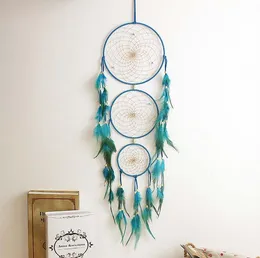 Acchiappasogni Con Piume Blu E Turchese – Diametro 16 Cm, Lungo 60 Cm, Stile Boho