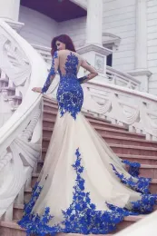 2020 Ny Ankomst Långärmad Royal Blue Lace Evening Dresses Mermaid Tulle Prom Klänningar Vestidos De Fiesta