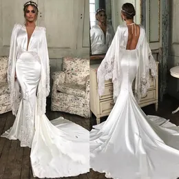 Sleeves Elegant Long Mermaid Dresses Sexy Deep V NECK Lace Embroidery Arabic Chapel Train Wedding Bridal Gown Custom Made