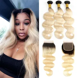 Body Wave 1B/613 Ombre Blonde 4x4 Free Part Lace Top Closure With Bundles Cheap Brazilian Virgin Remy Human Hair Weaves Extension