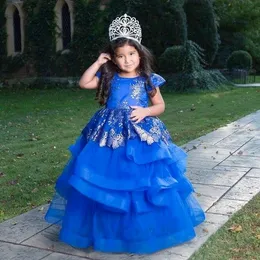 ROOLE AZUL LACE CUMDLER MENINAS VEDORES DE PAGOMENTE APLICIDO JEWE JEWET Ball vestido de esferas de flor do vestido de menina do piso Princess Kid Vestidos de baile 407