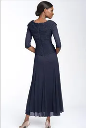 Marineblaues Kleid für die Brautmutter, günstig, elegant, mit V-Ausschnitt, plissiertes Oberteil, halbe Ärmel, Chiffon, Tee-Länge, formeller Abend, Mutterkleid Dres233N