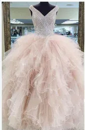 Imagem real Quinceanera vestidos doces 16 anos de baile vestidos de baile contas de cristais comprimento do pescoço V vestido formal feito personalizado