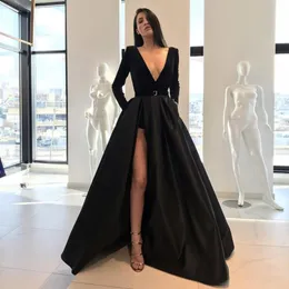 Sexy V-neckline Black Evening Dresses A Line Long Sleeves High Side Split Floor Length Prom Party Gowns Satin Formal Pageant Dresses