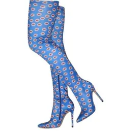 2018 new women printed boots blue skinny booties thin heel over knee high boots ladies party shoes elastic sock booties zip up