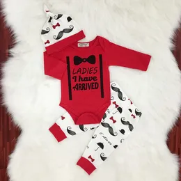 2018 Noworodek Baby Boy Ubrania Z Długim Rękawem Czerwone Topy Bow Tie Romper + Beard Spodnie + Kapelusz 3 Sztuk Stroje Dżentelmeniowe Zestaw Moddler Boys Odzież Zestawy