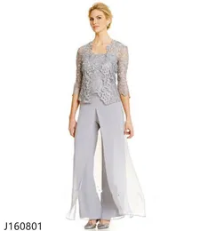 Tailleur pantalone per la madre della sposa in pizzo di classe con giacca in chiffon tre pezzi abito per invitati al matrimonio taglie forti Abiti da sposo per la mamma268e