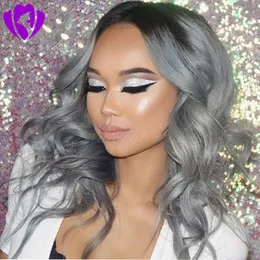 Stock Krótki Bob Peruka Szary Kolor Syntetyczna Koronkowa Wig Body Wave Ombre Koronkowa Peruka Bezpłatna Rozpocznianie Bezklepowa Włosy Włosów