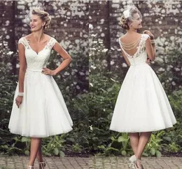 Abiti da sposa corti eleganti lunghezza tè maniche ad aletta appliques abiti da sposa in pizzo tulle scollo a V abiti da sposa corti economici2236