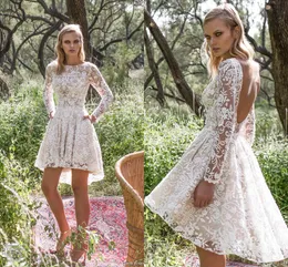 Full New Arrival Lace Short Sexy Long Sleeves Jewel Neck A Line Hi-Lo Backless Wedding Dress Bridal Gowns Custom