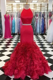 Red Cheap Mermaid Prom Dress 2022 Two Pieces Halter Backless Satin Ruffled Floor length Dresses Evening Formal Party Gowns For Women