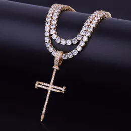 Mäns Nail Cross Pendant Halsband Ice Out Cubic Zircon med 4mm Tennis Chain Gold Silver Color Hip Hop Smycken