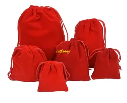 50pcs/lot 5*7cm 7*9 9*12cm 10*15 13*18 20*30cm Velvet Bag Drawstring Pouch RED Color Jewelry Packing Bags Wedding Christmas Gift Bag