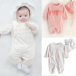 Newborn Baby Girl Rompers Hat Clothes Set Formal Princess Style Lace Jumpsuit Infant girls Romper Newborn Clothes 2Pcs/lot