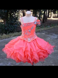 Cute Coral Unique Neck Girls Pageant Dresses Infant With Sleeves Ruffled Organza Ball Gowns Party Prom Formal Dress For Girls Kids Beaded