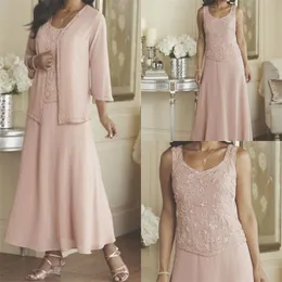 Rosa Ankel Längd Mor av bruden Klänningar med jacka Lace Appliqued Plus Size Evening Gowns Formell Bröllop Gästklänning