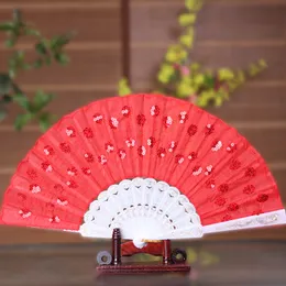 Ladys Spanska Broderade Sequins Hand Flower Lace Folding Fan "Påfågel Visar förväntningar på kärlek" Bröllopsfest dekor Lin3704