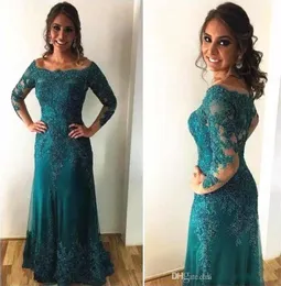 2020 Turquoise Mother Of The Bride Dresses Lace Appliques Plus Size Scoop Neck Long Sleeves Sweep Train Wedding Guest Evening Bride Gowns