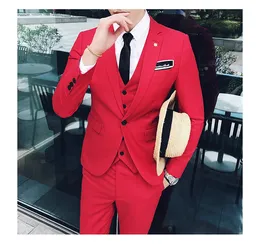 Slim Fit Red 3 Piece Suit Män Bröllop Tuxedos Brudgrum Groomsmen Passar Män Business Party Prom Blazer (Jacka + Byxor + Tie + Vest) 1254