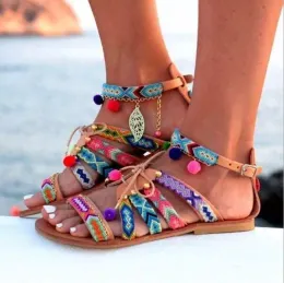 Brand designer Plus Size 35-43 Ethnic Bohemian Summer Woman Pompon Sandals Gladiator Roman Embroidered Shoes Women Flats summer Sandal W353