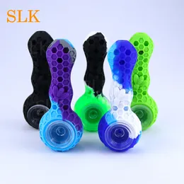 Bong in silicone da 4,33 pollici a nido d'ape Dabs Paglia in silicone per tabacco da pipa con ciotola in vetro e cucchiaio in metallo Bong per fumatori Accessori per fumatori