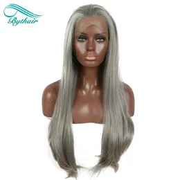 Bythairshop Long Gray Synthetic Lace Front Wig Silver Grey Soft Natural Hairline Heat Resistant Synthetic Hair Wigs Cosplay Wig
