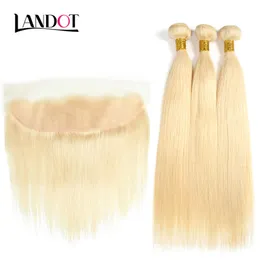 9A Grade 613# Bleach Blonde 13x4 Lace Frontal Closures With 3 Bundles Brazilian Peruvian Indian Malaysian Straight Virgin Human Hair Weaves