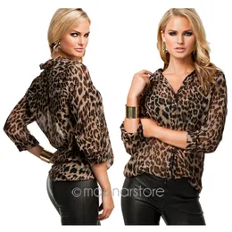 Moda mulheres tee sexy leopardo prinâmica blusa plus size senhoras feminina chiffon manga comprida blusa casual tops soltos