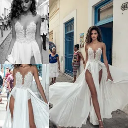 Julie Vino Beach Split Wedding Dresses Illusion Neck Lace Applique Boho Wedding Dress Cheap Chiffon Bridal Gowns