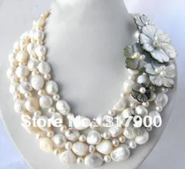 4Strands 18" 13mm White Round Baroque Freshwater Pearl Shell Flower Necklace