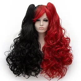 Amback Lolita Long Curly Clip su Ponytails Parrucca Cosplay, Long, Black Mix Red