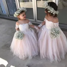 2018 Cheap Flower Girls Dresses Jewel Neck Illusion Long Sleeves Princess Blush Pink Lace Appliques Tulle Kids Birthday Girls Pageant Gowns