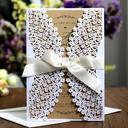 100pcs vintage vit bröllop inbjudningskort med flora ihålig laser cut elegant engagemang för födelsedagsfestinbjudan anpassningsbar