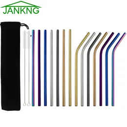 10Pcs Reusable Metal Drinking Straws 304 Stainless Steel Colorful Rainbow Black Straw Bent Straight Drink Straw with Clean Brush