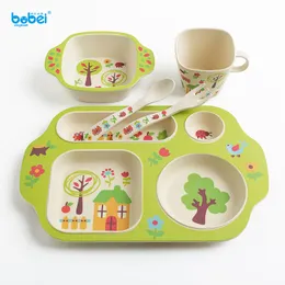 5pcs/set baby tableware natural bamboo fiber dinnerware dish bowl plate cup set for training feeding kids with cartoon painting