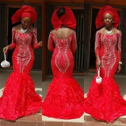 Red African Abend kleidet sich von Schulter 3/4 Langarmkristall Perlenstufte Scheide Meerjungfrau Custom Veatido Muslims Prom Partykleider